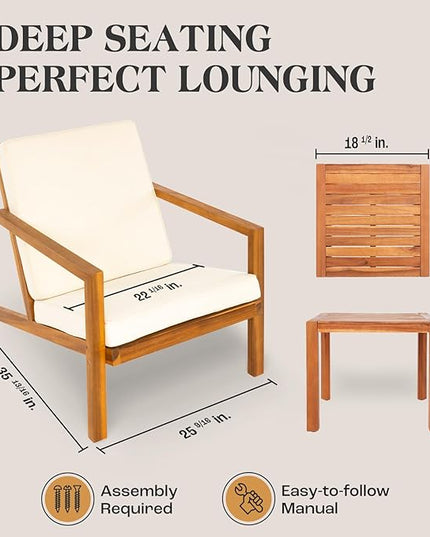 Eleve 400lbs Capacity Outdoor Set of 2 with Wooden Side Table, FSC Certified Acacia Wood Patio Furniture Set for Firepit Porch, Large, Slanted Backrest Club Chair - LeafyLoom