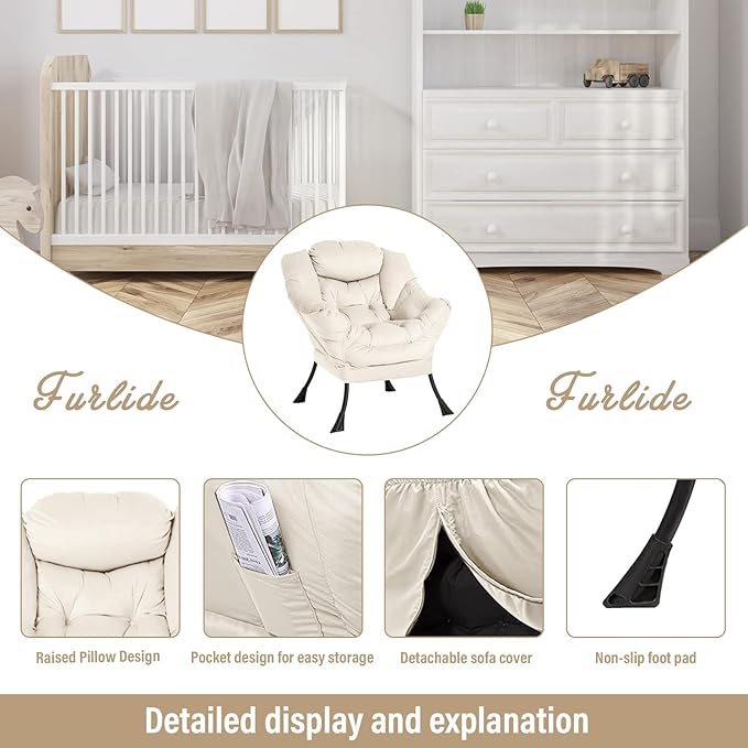 Lazy Chair with Ottoman, Modern Chair with Folding Footrest, Lounge Accent Chair, Comfortable Reading Chair, Oversized Armchairs for Bedroom, Study, Living Room, Courtyard (Beige) - LeafyLoom