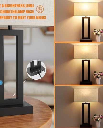 22" Tall Living Room Lamps for Night Stands - Touch Bedside Lamp with USB C+A, 3 Way Dimmable bedroom Lamps for End Tables Set of 2, Modern Night Stand Lamps for Room(Cream&Black) - LeafyLoom
