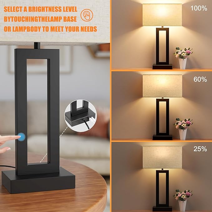 22" Tall Living Room Lamps for Night Stands - Touch Bedside Lamp with USB C+A, 3 Way Dimmable bedroom Lamps for End Tables Set of 2, Modern Night Stand Lamps for Room(Cream&Black) - LeafyLoom
