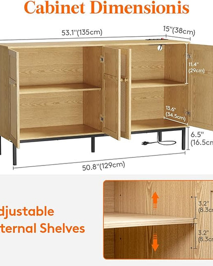 Lifewit Rattan Sideboard Buffet Cabinet, Console Table with Power Outlet, Credenza, Storage Cabinet, Coffee Bar Cabinet for Kitchen, Dining Room, Living Room, Entryway, 4 Doors, Natural - LeafyLoom
