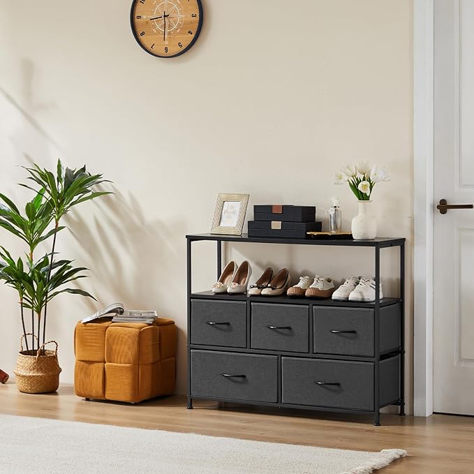 Sweetcrispy TV Stand for Bedroom, TV Dresser for 45 inches, Media Console Table, Entertainment Center with 5 Fabric Drawers Cabinet and Open Storage Shelf Furniture Cabinet for Living Room, Hallway - LeafyLoom