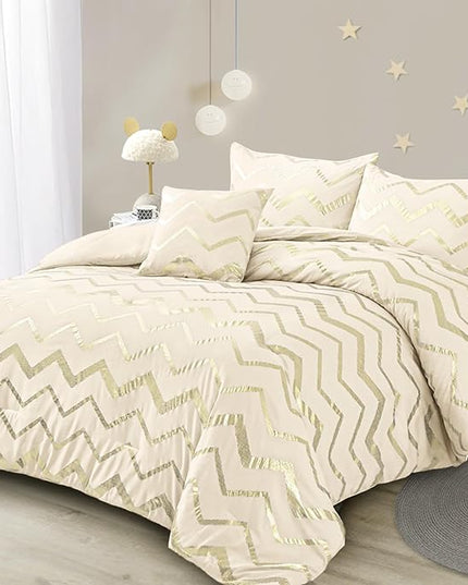 Cream Comforter Set Queen Size Metallic Gold Bedding Set All Season Lightweight Microfiber Comforter for Girls, 4 Piece (2 Pillow Shams + 1 Decorative Pillow Sham) - LeafyLoom