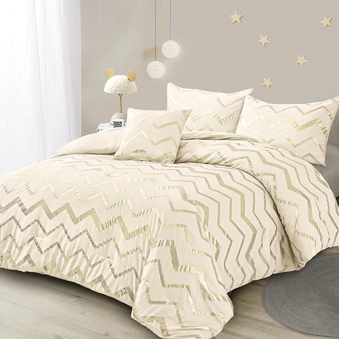 Cream Comforter Set Queen Size Metallic Gold Bedding Set All Season Lightweight Microfiber Comforter for Girls, 4 Piece (2 Pillow Shams + 1 Decorative Pillow Sham) - LeafyLoom