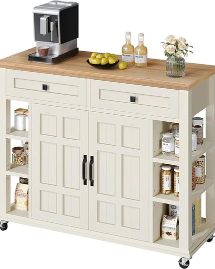 YITAHOME Kitchen Island with Storage Cabinet, Rolling Kitchen Cart on Wheels, Americana Kitchen Island Cabinet with Open Shelves for Kitchen Dining Room, Thicker Rubberwood Top, Off White - LeafyLoom