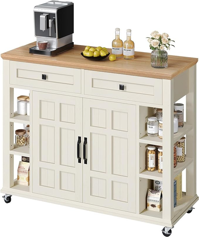 YITAHOME Kitchen Island with Storage Cabinet, Rolling Kitchen Cart on Wheels, Americana Kitchen Island Cabinet with Open Shelves for Kitchen Dining Room, Thicker Rubberwood Top, Off White - LeafyLoom