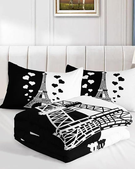 Datura home Kids Comforter Set Eiffel Tower Printed Pattern Bedding Set with 1 Comforter and 2 Pillowcases for Girls Boys Bedroom All Season(Tower1 Twin) - LeafyLoom
