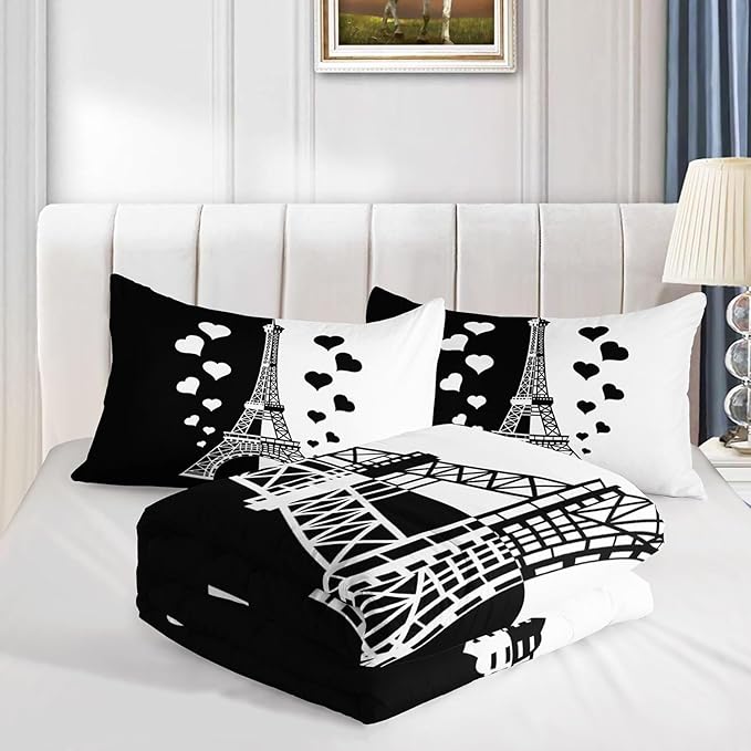 Datura home Kids Comforter Set Eiffel Tower Printed Pattern Bedding Set with 1 Comforter and 2 Pillowcases for Girls Boys Bedroom All Season(Tower1 Queen) - LeafyLoom