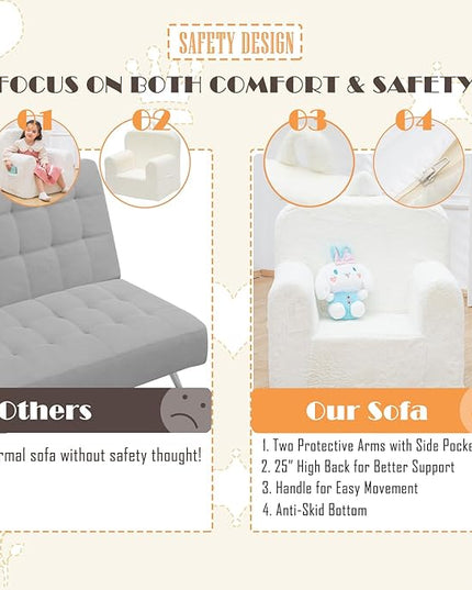 Snuggly-Soft Cuddly Toddler Plush Armchair for Boys and Girls Fuzzy Plush Kids Sofa Couch Reading Chair with Children Friendly Handle for Easy Movement & Double Pockets for Good Storage, Cream - LeafyLoom