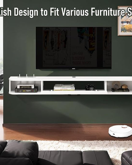 Floating TV Unit, 79'' Wall Mounted TV Cabinet, Floating Shelves with Door, Modern Entertainment Media Console Center Large Storage TV Bench for Living Room & Office (78.74IN, White) - LeafyLoom