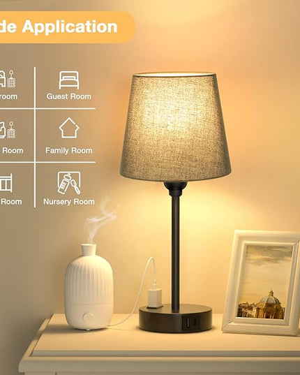 Black Bedroom Lamp Set with USB Charging - Dimmable Touch Control, AC Outlet - LeafyLoom