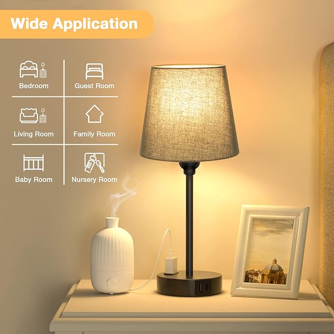 Black Bedroom Lamp Set with USB Charging - Dimmable Touch Control, AC Outlet - LeafyLoom