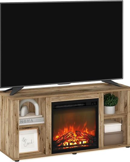 Furinno Jensen Entertainment Center Stand with Fireplace for TV up to 55 Inch, 55-Inch, Flagstaff Oak - LeafyLoom