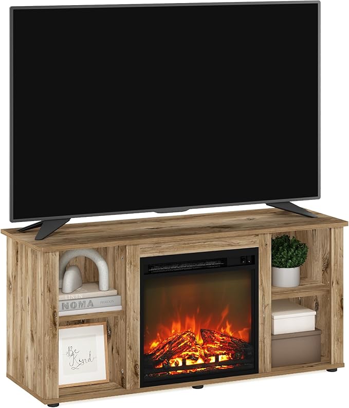 Furinno Jensen Entertainment Center Stand with Fireplace for TV up to 55 Inch, 55-Inch, Flagstaff Oak - LeafyLoom