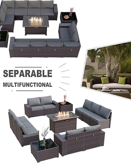 Kullavik 13 Pieces Outdoor Patio Furniture Set with 43" 55000BTU Gas Propane Fire Pit Table PE Wicker Rattan Sectional Sofa Patio Conversation Sets,Grey - LeafyLoom