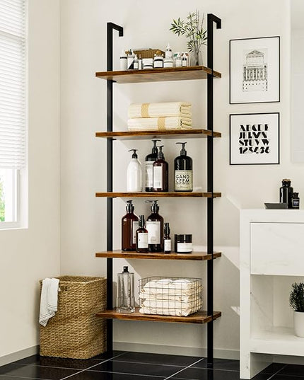 NUMENN 5 Tier Book Shelf, Industrial Ladder Shelf, Open Space Wall Mount Bookshelf with Metal Frame, Sturdy Book Shelves, Bookcase for Living Room, Home Office Shelf, Vintage Brown - LeafyLoom