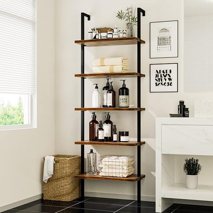 NUMENN 5 Tier Book Shelf, Industrial Ladder Shelf, Open Space Wall Mount Bookshelf with Metal Frame, Sturdy Book Shelves, Bookcase for Living Room, Home Office Shelf, Vintage Brown - LeafyLoom