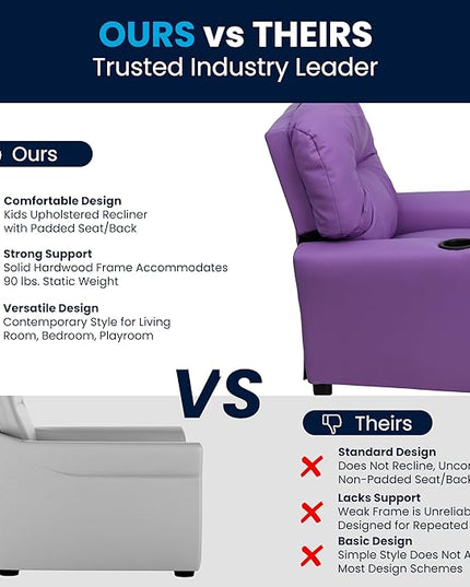Flash Furniture Chandler Vinyl Kids Recliner with Cup Holder and Safety Recline, Contemporary Reclining Chair for Kids, Supports up to 90 lbs., Lavender - LeafyLoom