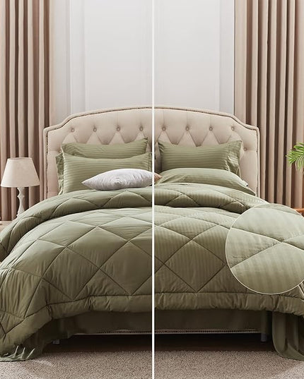 NexHome Queen Comforter Set, 7-Pieces Olive Green Bed in a Bag Queen Size Reversible Comforter All Season Soft Bedding Sets with Comforter, Flat Sheet, Fitted Sheet, Pillowcases & Shams - LeafyLoom
