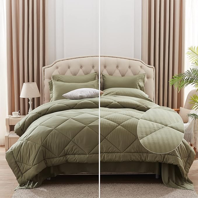 NexHome Queen Comforter Set, 7-Pieces Olive Green Bed in a Bag Queen Size Reversible Comforter All Season Soft Bedding Sets with Comforter, Flat Sheet, Fitted Sheet, Pillowcases & Shams - LeafyLoom
