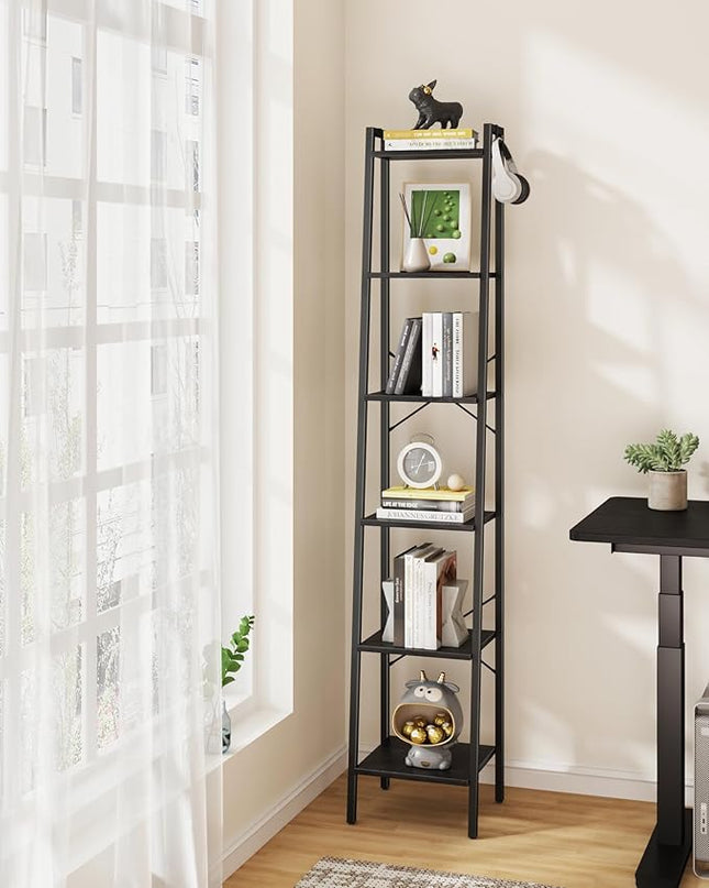 Ladder Shelf, Bookshelf Bookcase, Freestanding Corner Storage Shelve with 2 Hooks for Home Office, Living Room, Kitchen, Bedroom, Industrial, 6-Tier Black BC13304B - LeafyLoom