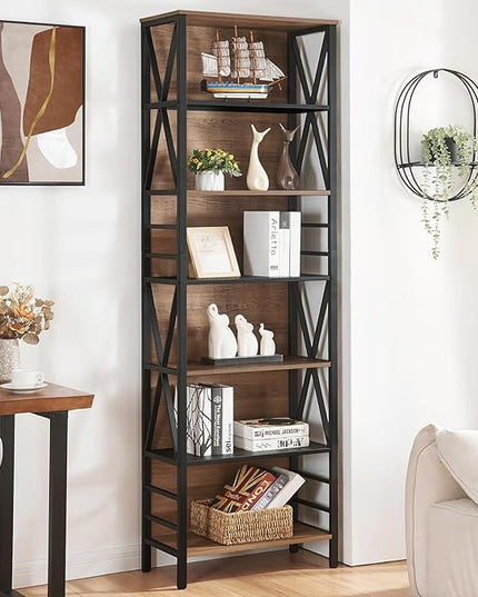 HOMISSUE Bookshelf, 7-Tier Bookshelf, Rustic Wood Metal Bookshelves and Bookcases, Freestanding Open Bookshelf, Industrial Tall Bookcase for Home Office, Living Room and Bedroom, Vintage Brown - LeafyLoom