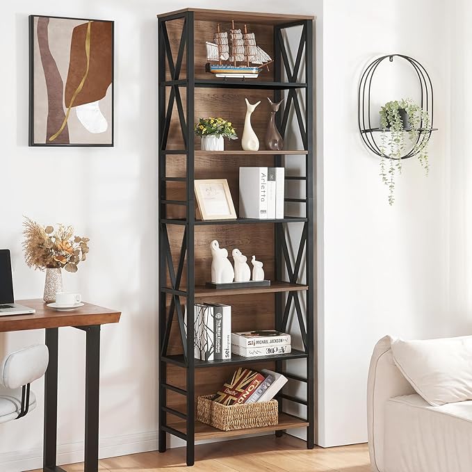HOMISSUE Bookshelf, 7-Tier Bookshelf, Rustic Wood Metal Bookshelves and Bookcases, Freestanding Open Bookshelf, Industrial Tall Bookcase for Home Office, Living Room and Bedroom, Vintage Brown - LeafyLoom