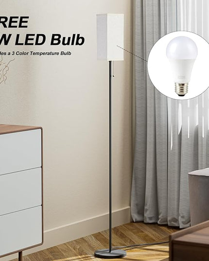 Tall Floor Lamp Set of 2 with Linen Shade - 3 Color Temperature, Black, LED Bulbs, Pull Chain Switch, Easy Assembly(2 Pack) - LeafyLoom