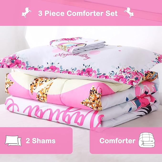 Unicorn Comforter Set 3pc Pink Flower Girl Unicorn Bedding Set for Teen Girls - LeafyLoom