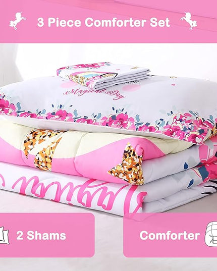 Unicorn Bedding Flower Girl Unicorn Comforter Set 3pc Soft Kid's Pink Unicorn Bedding Sets for Teen Girls - LeafyLoom