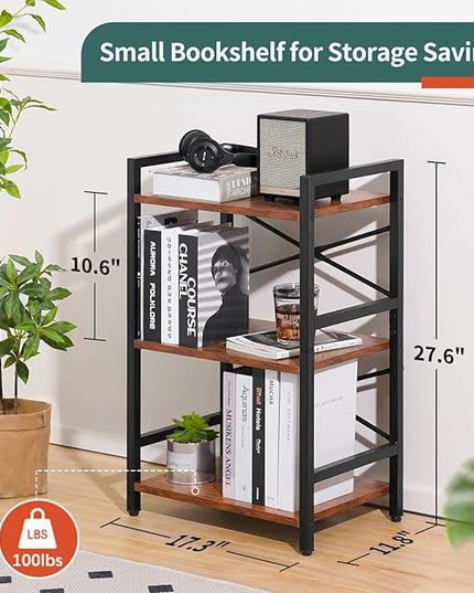 Yoobure Bookshelf Small Book Shelf, Solid Industrial 3 Tier Shelf Bookcase, Short Book Case for Bedroom, Living Room, Office Home, Small Spaces, Berry Brown - LeafyLoom