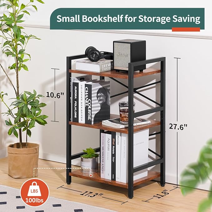 Yoobure Bookshelf Small Book Shelf, Solid Industrial 3 Tier Shelf Bookcase, Short Book Case for Bedroom, Living Room, Office Home, Small Spaces, Berry Brown - LeafyLoom