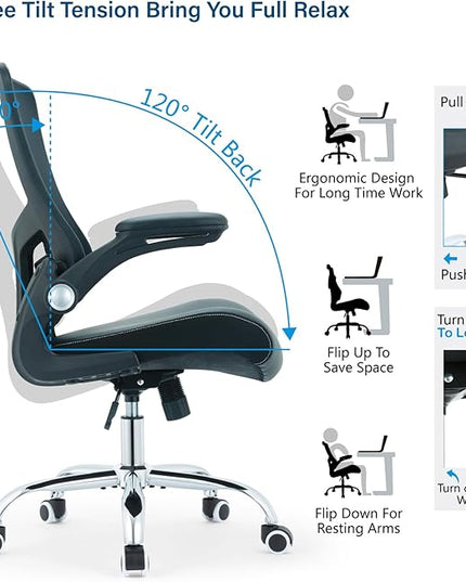 Office Chair Ergonomic Desk Chair with PU Leather Cushion Home Office Desk Chair, Computer Task Chair with Adjustable Lumbar Support & Flip-up Arms Swivel Mesh Back Executive Chair - LeafyLoom