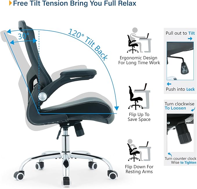 Office Chair Ergonomic Desk Chair with PU Leather Cushion Home Office Desk Chair, Computer Task Chair with Adjustable Lumbar Support & Flip-up Arms Swivel Mesh Back Executive Chair - LeafyLoom