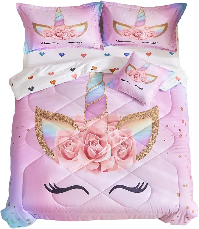 ADASMILE A & S Full Unicorn Comforter Sets for Girls 6 Pieces Pink Floral Unicorn Bedding Set with Colorful Cute Love Heart Sheets Full for Girls Unicorn Bed in a Bag Comforter for Home Decor - LeafyLoom