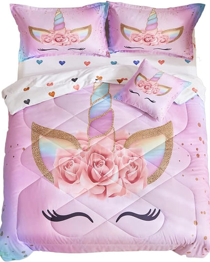 ADASMILE A & S Twin Unicorn Comforter Sets for Girls 6 Pieces Pink Floral Unicorn Bedding Set with Colorful Cute Love Heart Sheets Twin for Girls Unicorn Bed in a Bag Comforter for Home Decor - LeafyLoom