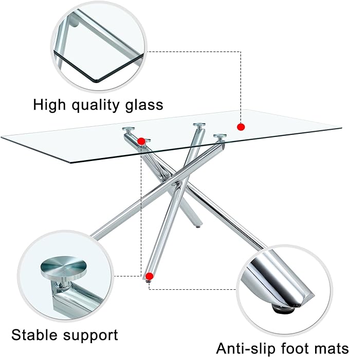 NicBex Large Modern Minimalist Rectangular Glass Dining Table for 6-8 with 0.39" Tempered Glass Tabletop and Silver Chrome Metal Legs for Kitchen Dining Living Meeting Room Banquet Hall, Silver - LeafyLoom