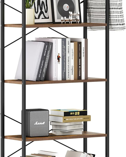 Bookshelf, Book Shelf, Industrial Bookcase with 2 Hooks, Coner Shelf Storage Organizer for Home Office, Living Room, Bedroom, Kitchen, 5-Tier Rustic Brown BC22501B - LeafyLoom
