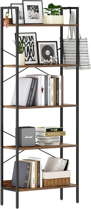 Bookshelf, Book Shelf, Industrial Bookcase with 2 Hooks, Coner Shelf Storage Organizer for Home Office, Living Room, Bedroom, Kitchen, 5-Tier Rustic Brown BC22501B - LeafyLoom