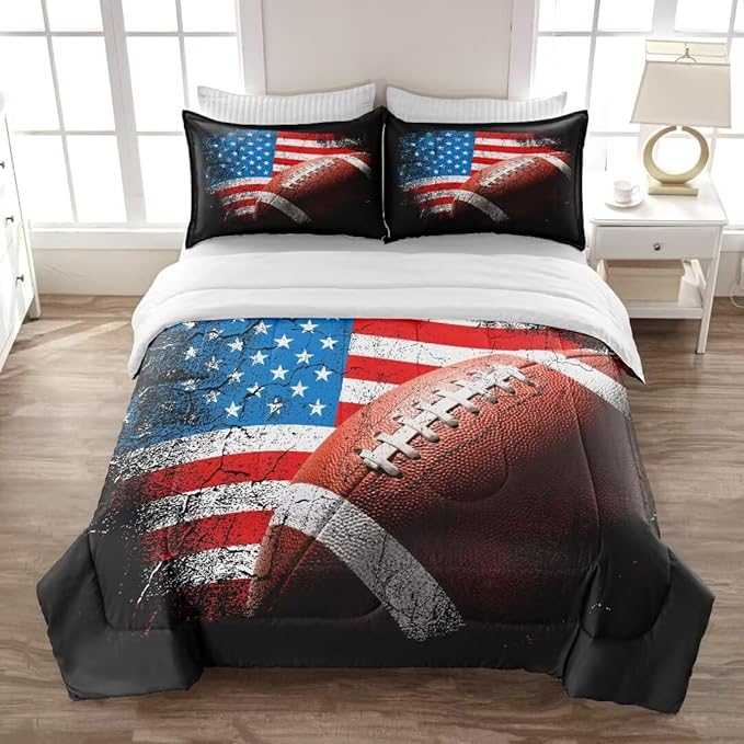 American Football Comforter Set for Boys Teens,Kids Sports Bedding Set Full Size,USA Flag Football Printed Bedroom Sets with 2 Matching Pillow Shams - LeafyLoom