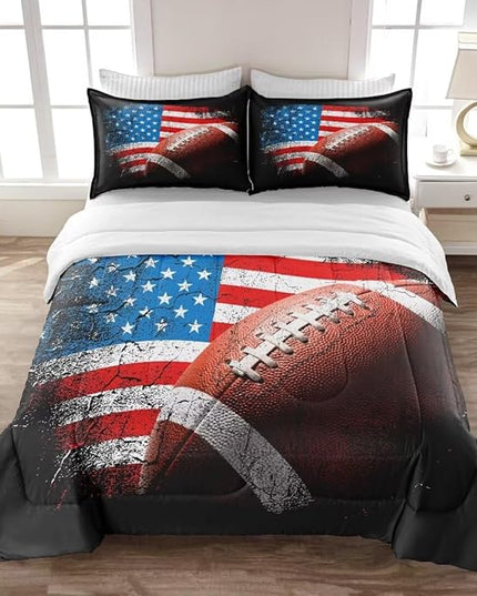 American Football Comforter Set for Boys Teens,Kids Sports Bedding Set Queen Size,USA Flag Football Printed Bedroom Sets with 2 Matching Pillow Shams - LeafyLoom