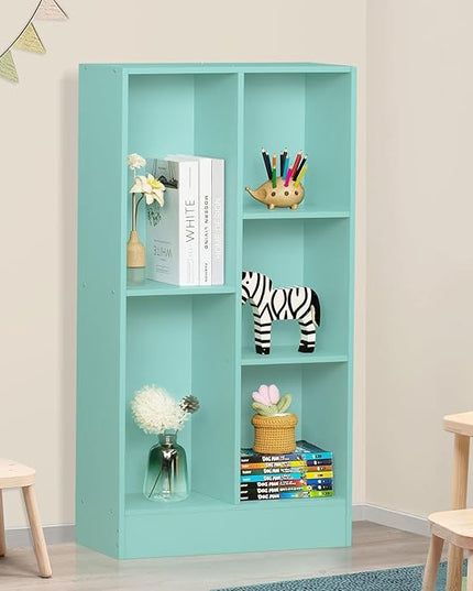 LEYAOYAO 5 Cube Bookshelf with Base,3 Tier Modern Mint-Green Kids Bookcase,Standing Wide Bookshelves Storage Organizer Toy Shelf,Wood Display Children's Book Shelves for Bedroom,Living Room,Nursery - LeafyLoom