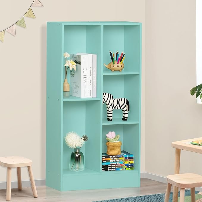 LEYAOYAO 5 Cube Bookshelf with Base,3 Tier Modern Mint-Green Kids Bookcase,Standing Wide Bookshelves Storage Organizer Toy Shelf,Wood Display Children's Book Shelves for Bedroom,Living Room,Nursery - LeafyLoom