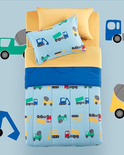SLEEP ZONE Kids Bedding Comforter Set Full/Queen Size - Super Cute & Soft Kids Bedding 7 Pieces Set with Comforter, Sheet, Pillowcase & Sham (Construction Truck) - LeafyLoom