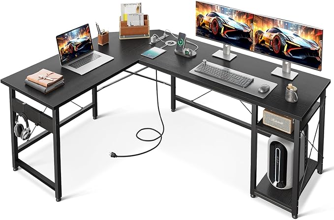 Coleshome L Shaped Computer Desk 59" with Power Outlet, Corner Desk Workstation with Storage Shelves, Modern Wooden Office Gaming Desk, Wood & Metal PC Desk, Black - LeafyLoom