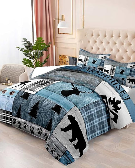 LUVIVIHOME 3PCS Rustic Cabin Comforter Set Queen Size, Farmhouse Bedding, Black Bear Deer Elk Moose Forest Animal Wildlife Hunting Country Lodge Blue Buffalo Plaid Patchwork Quilt, 2 Pillow Shams - LeafyLoom