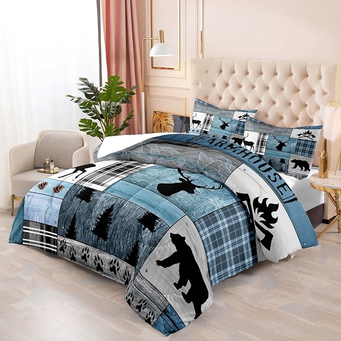 LUVIVIHOME 3PCS Rustic Cabin Comforter Set Queen Size, Farmhouse Bedding, Black Bear Deer Elk Moose Forest Animal Wildlife Hunting Country Lodge Blue Buffalo Plaid Patchwork Quilt, 2 Pillow Shams - LeafyLoom