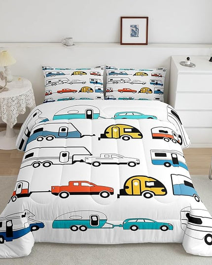 Camper Comforter Set Twin, Happy Camping Bedding Set For Kids Boys Girls Children, Camping Trailer Travel Car Pattern Bedding Comforters & Sets, Cartoon Car Down Comforter RV Accessories, Colorful - LeafyLoom