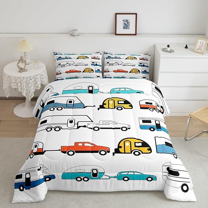 Camper Comforter Set Twin, Happy Camping Bedding Set For Kids Boys Girls Children, Camping Trailer Travel Car Pattern Bedding Comforters & Sets, Cartoon Car Down Comforter RV Accessories, Colorful - LeafyLoom
