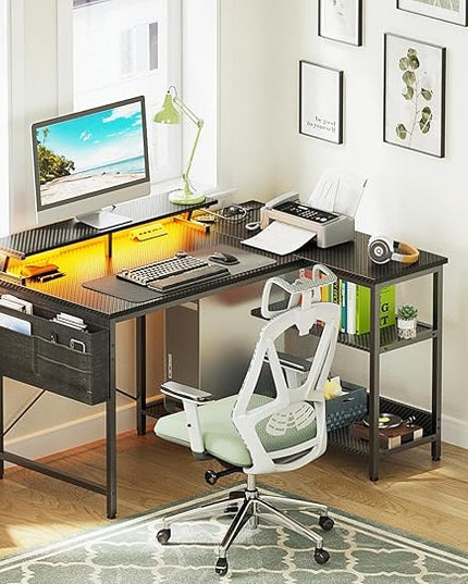 ODK 40 Inch Gaming Desk with USB Power Outlets and LED Lights, Reversible L Shaped Computer Desk with Storage Shelves & Monitor Stand, Corner Home Office Desk Table, Carbon Fiber Surface, Black - LeafyLoom
